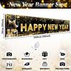 Long Happy New Year Banner 2026 Black Gold New Years Eve Party Decorations Banner Backdrop, 118 × 20 inch Sparkle Photo Booth Sign Background for