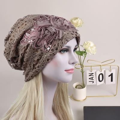 Chapéu Turban Camada Dupla Vazado Lantejoulas Flor de Crochê Amplo Resistente ao Frio Desleixado Outono Inverno Renda Floral Touca Feminina para o Dia a Dia