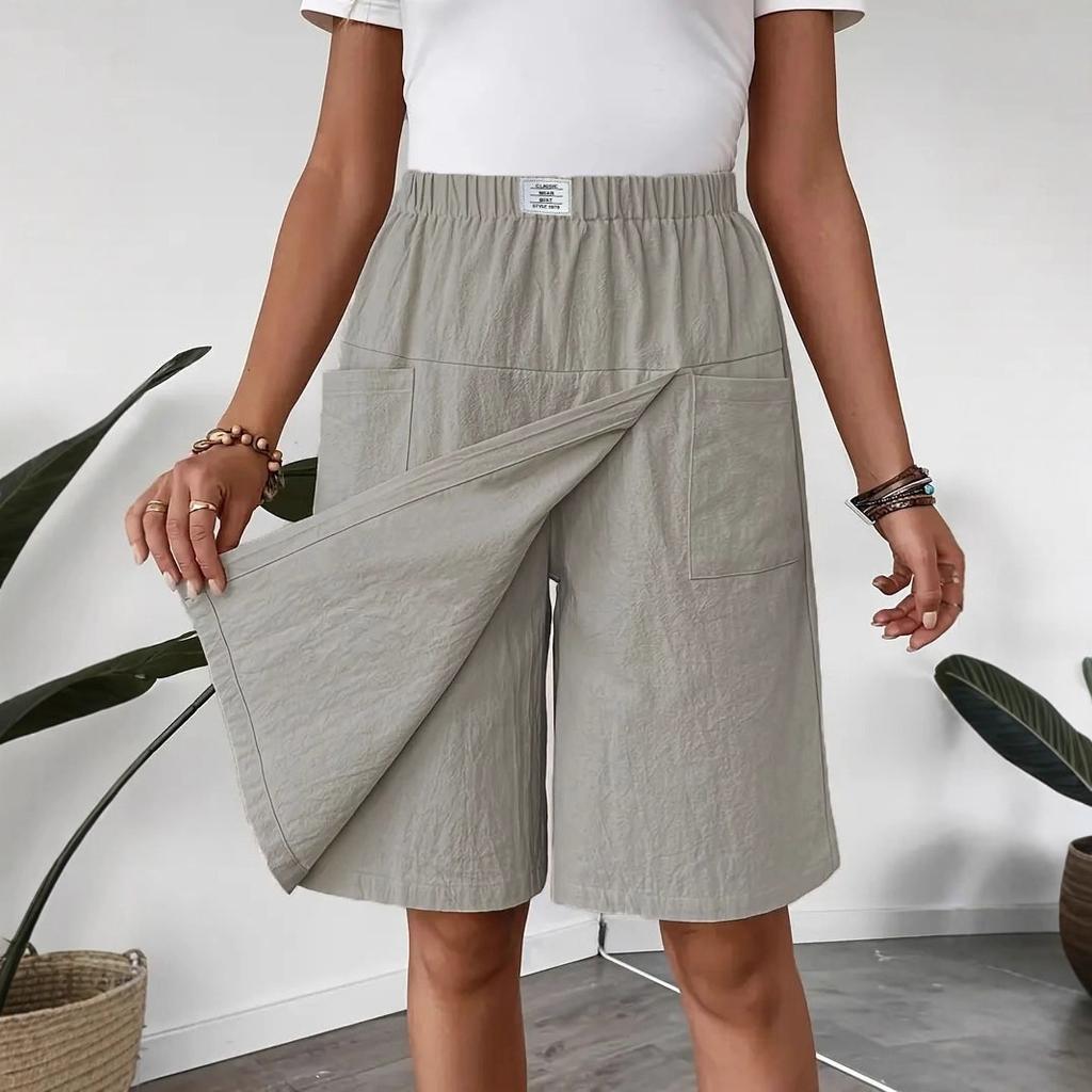 Falda pantalón elástica para mujer, casual, lisa, mezcla de lino, con bolsillos
