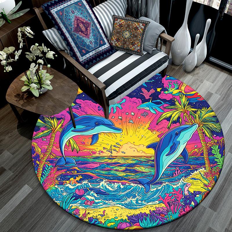 Dolphins Sunset Round Area Rug,Carpet Rug for Living Room Bedroom Sofa Playroom Decor,Non-slip Floor Mat