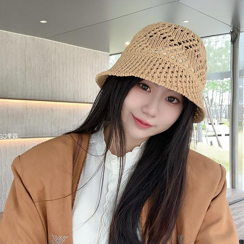 Hollow knitted bucket hat women's summer breathable thin face small bucket hat travel beach versatile sun hat