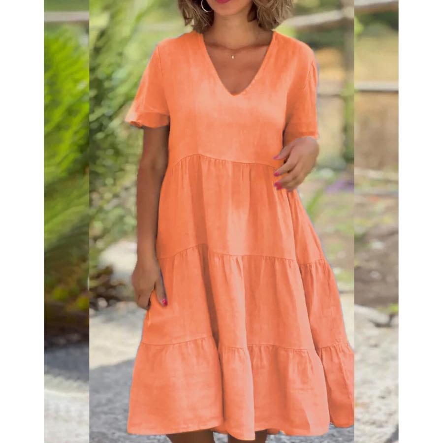 Plus Size Oversized Dresses Summer Women's V-Neck Solid Big Swing Casual Cotton Linen Short Dress