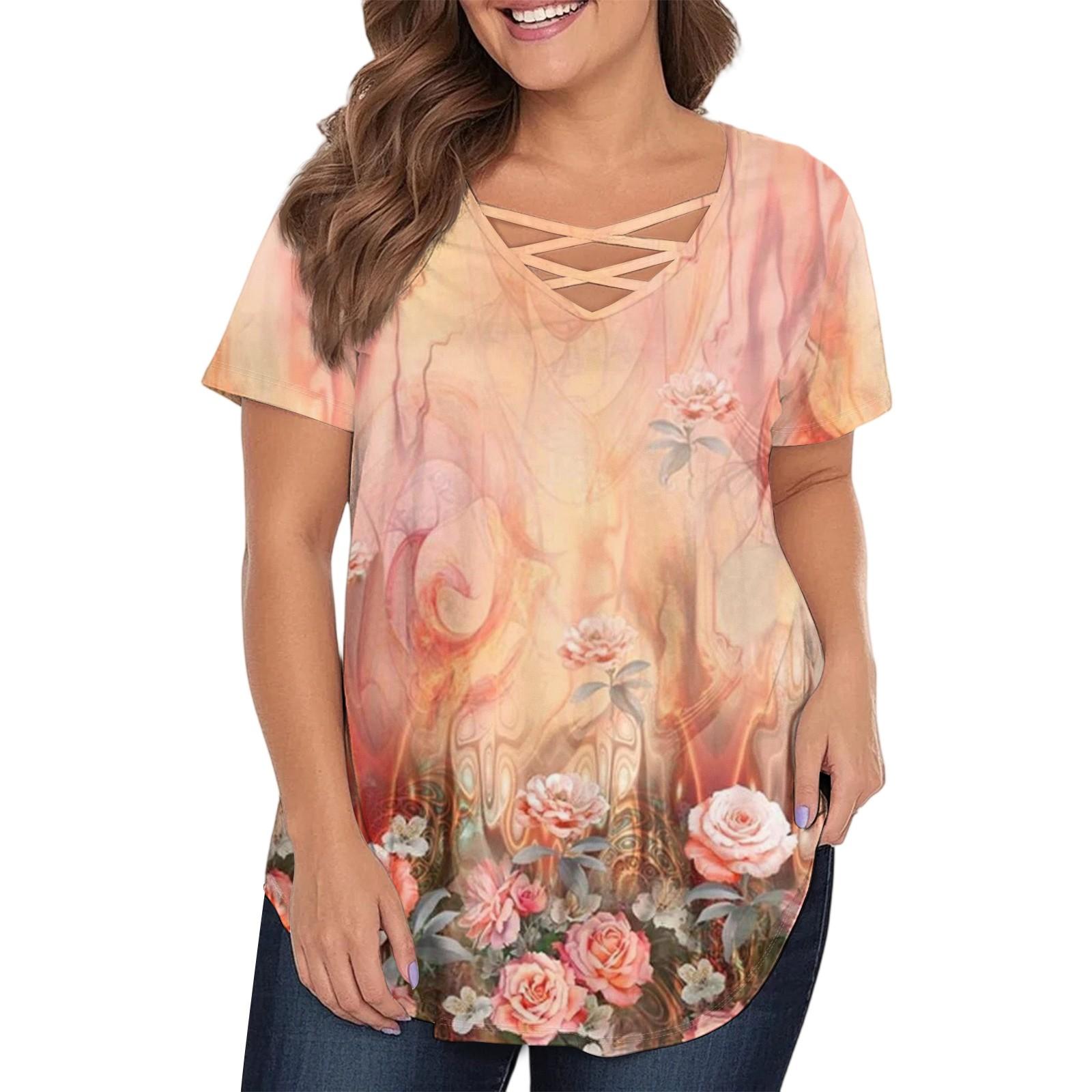 

Women s Fashion Casual Printed V-Neck Short Sleeve Large Size T-Shirt Top XXXL