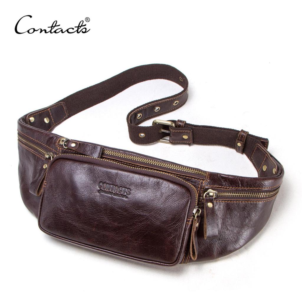 CONTACT'S Genuine Leather Men's Waist Bag Casual Waist Pack Crossbody Bag Shoulder Bag for Men