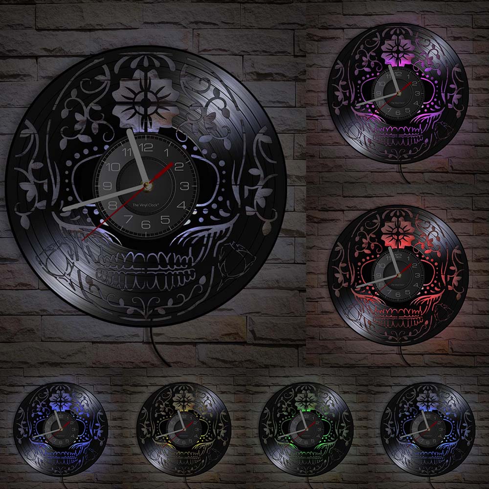 Schädel-Kopf-Vinyl-Schallplatten-Wanduhr im Alter von Skelett-Kopf-Wanduhr, Skelett-Vampir-Männer, Halloween-Dekor, Wandbehang-Uhr
