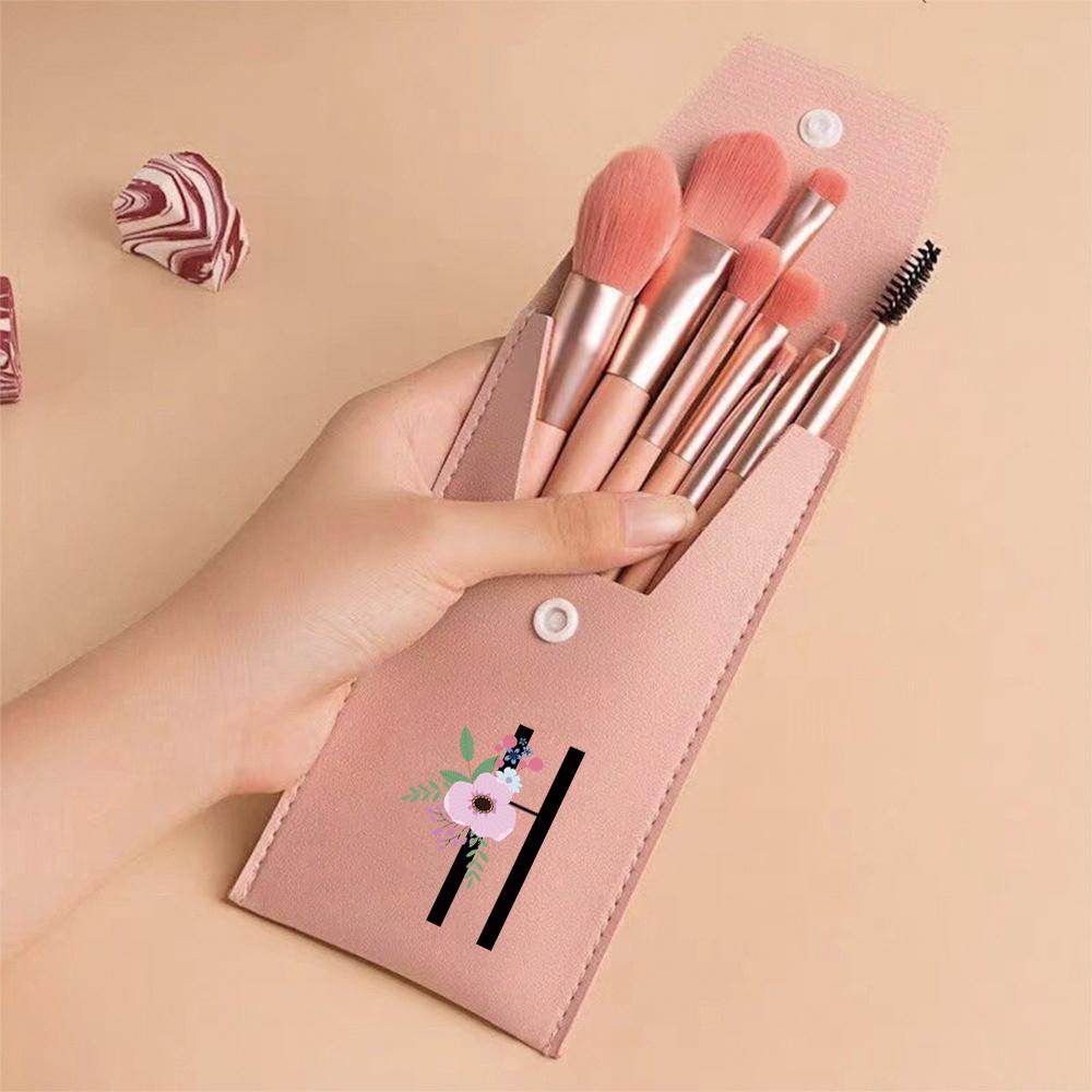 Pink Makeup Brushes Set Soft Synthetic Hair Portable Powder Eyeshadow Brushes For Daily Use Flower And Black Pattern