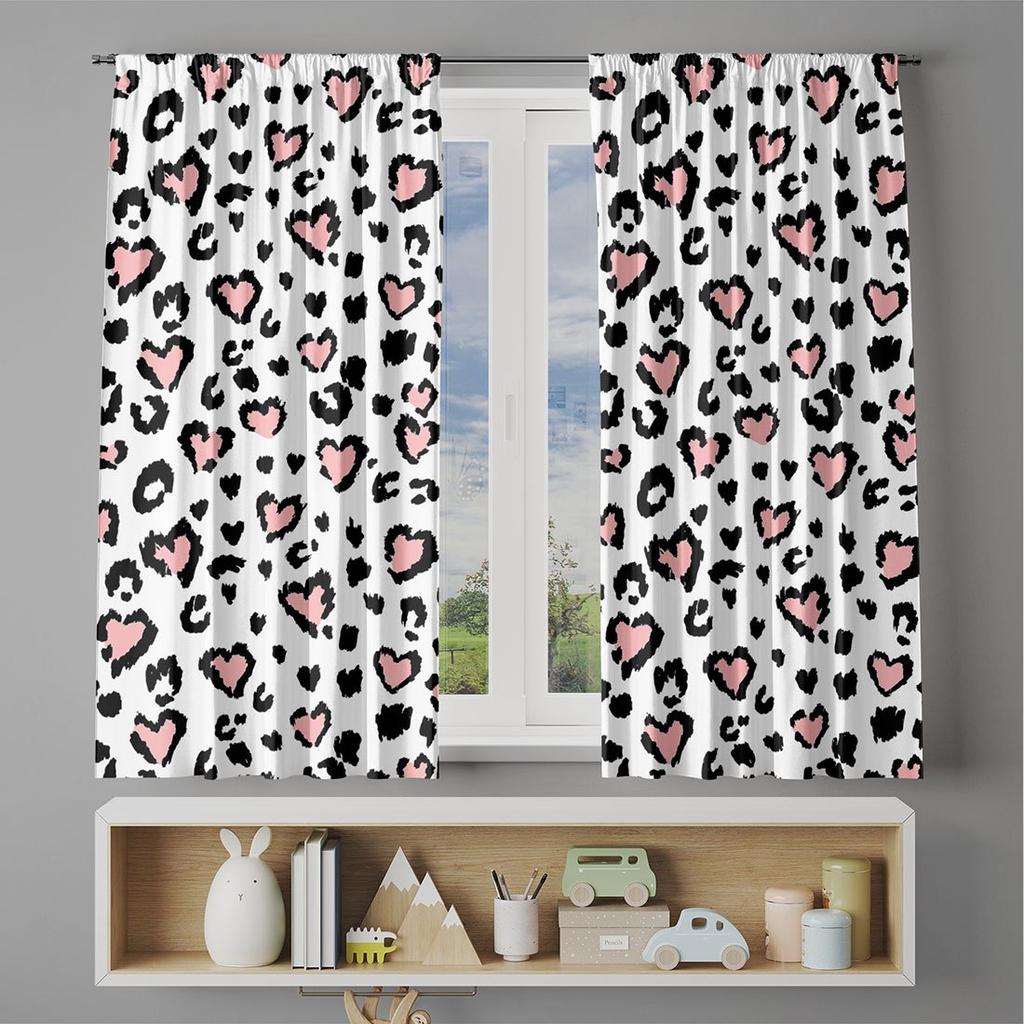 Set Of 2 Heart Leopard Print Curtains Polyester Fabric Suitable Bedroom Living Room Decoration Curtain Machine Washable Ideal For