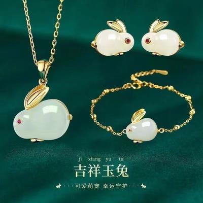 Chinese Style Jade Rabbit Bracelet Women's Necklace Cute Rabbit Stud Earrings Set Little Rabbit Earrings for Friends