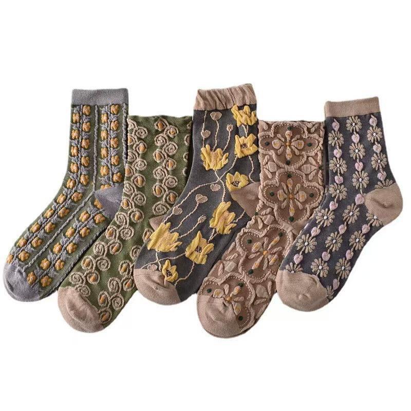 1/5 Paires Chaussettes Mi-Mollet Motif Ethnique Broderie 3D Chaussettes Texturées Polyvalentes Imprimé Floral Toutes Saisons Décontractées pour Femmes