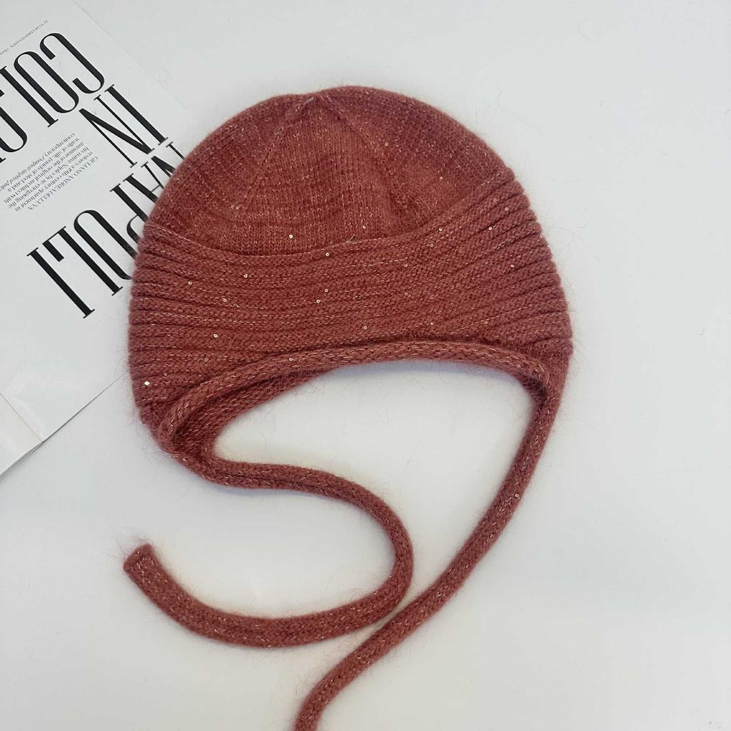 Strap ear protectors knitted hat for women, thickened warm bag head wool hat in autumn and winter, retro pullover cold hat