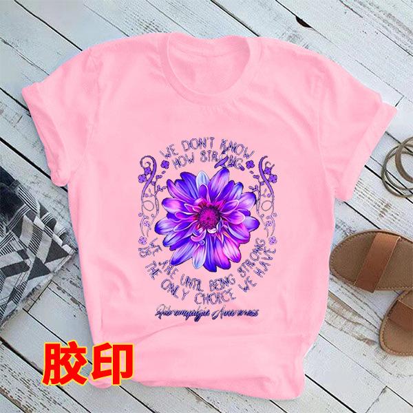 European American Purple Flower Print T-shirt Short Sleeve Harajuku Style Creative Pattern Top Casual Summer polyester fabric
