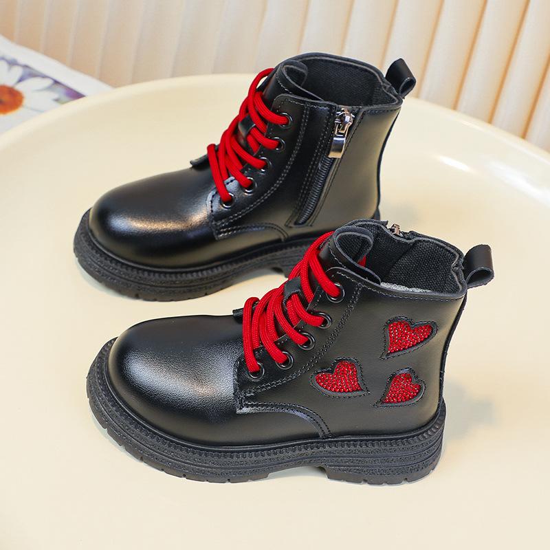 Girls Martin boots 2025 autumn and winter new British style children's short boots love princess leather boots girls velvet cotton boots
