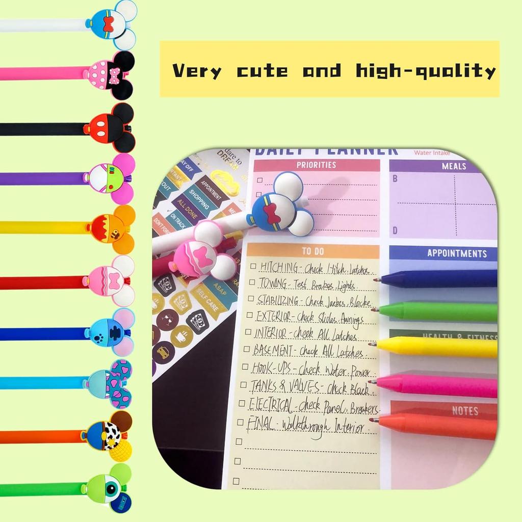 10pcs Mouse Head Character Ears Pens Set, Retr ctable Ballpoint Pen, Multi Color Jumbo Autograph Princess Pencil Signature Office Desk Stationary