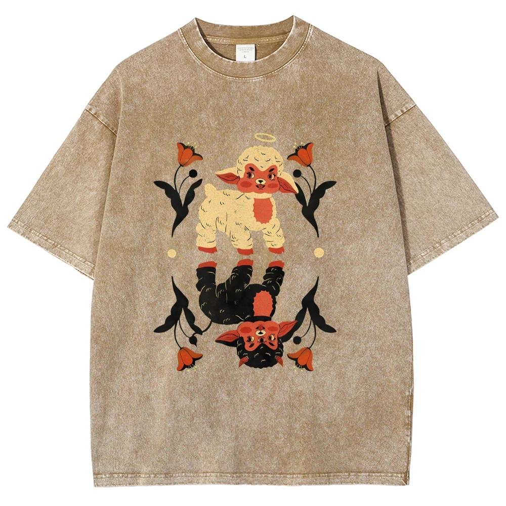 Cool Angel Demon Sheep T Shirts Unisex Washed Tees Men Women Short Sleeve T-shirts Cotton Streetwear T Shirts