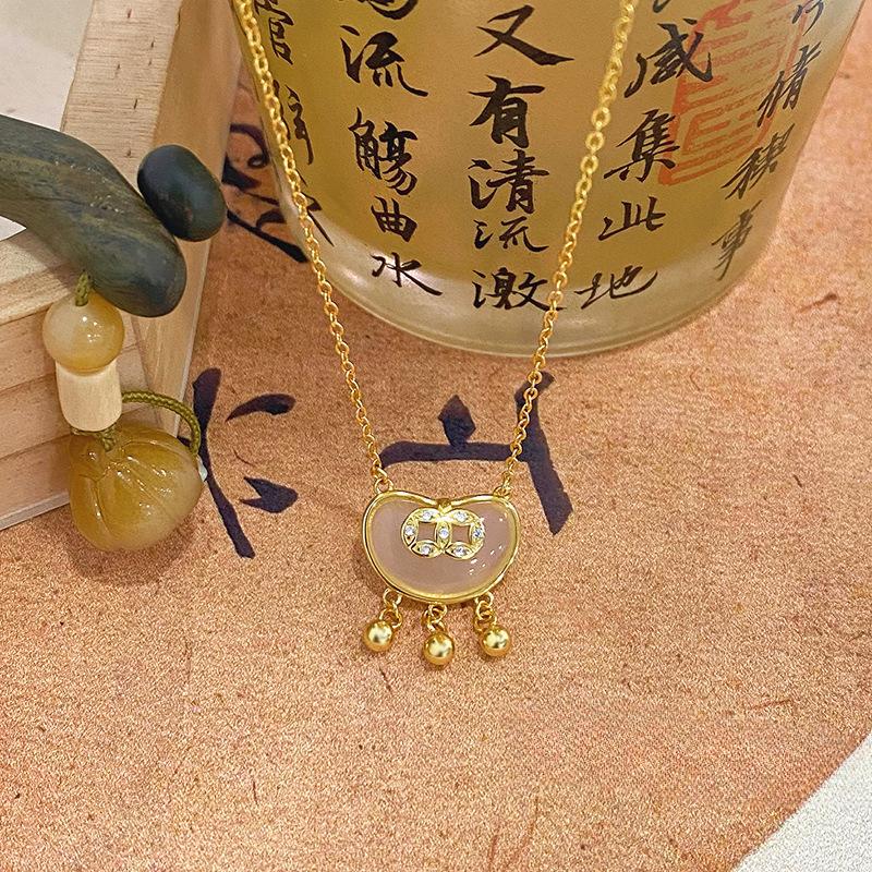 Copper Coin, White Jade Marrow, and Treasure Necklace, Female Chinese Style Emblem of National Style Clavicle Chain