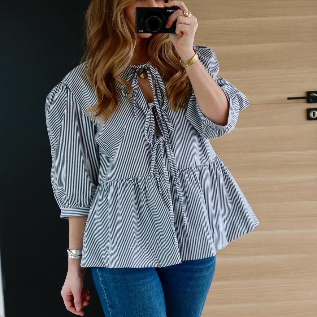 Women Puff Short Sleeve Peplum Shirts Tie Front Ruffle Hem Babydoll Blouse Tops Teen Girls Cute Summer Tops