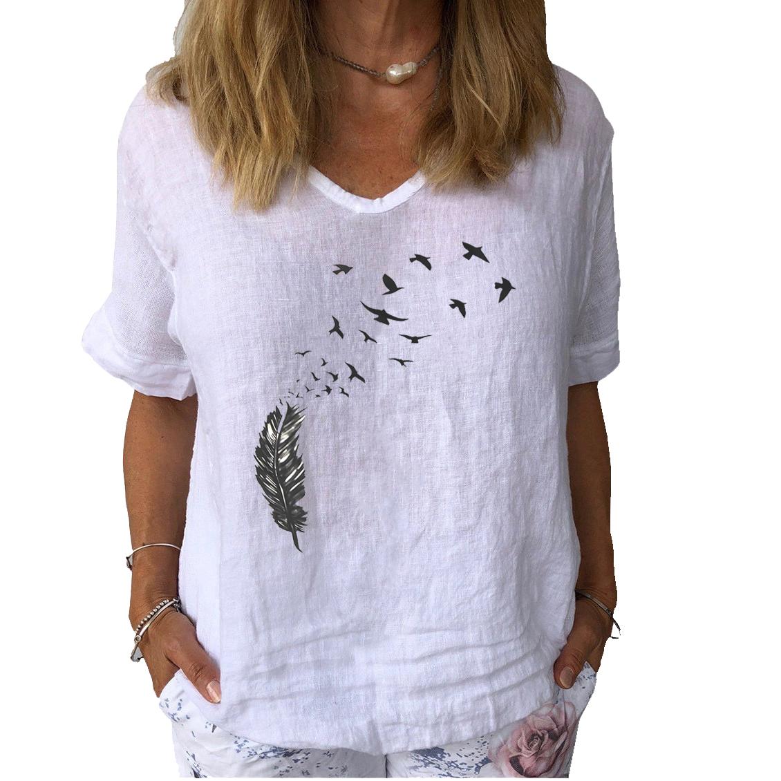 

Женская модная льняная рубашка с принтом, летняя повседневная рубашка с коротким рукавом, женский пуловер с цветочным принтом, свободная блузка 3XL