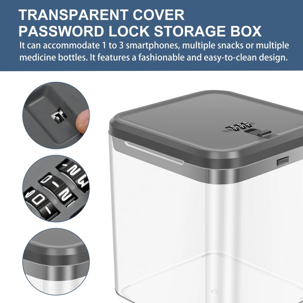 Transparent Lock Box with Password Lockable Storage Box for Phone Gaming Device Food Snack Refrigerator Personal Items Safe box