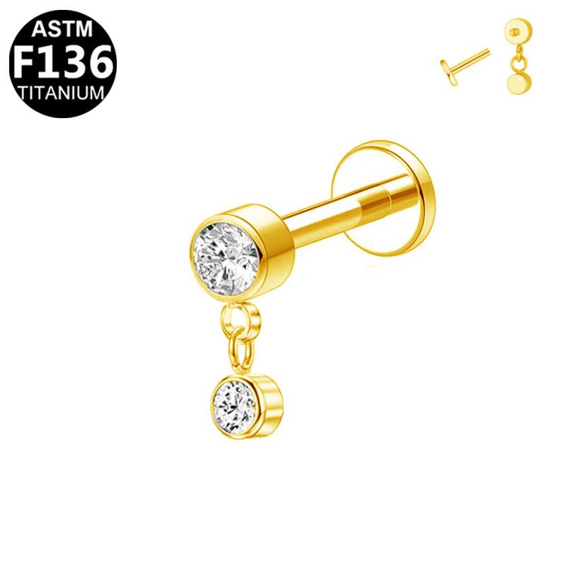 G23 Titanium Cartilage Stud with Zircon Chain and Lightning-Inlaid Titanium Lip Stud.