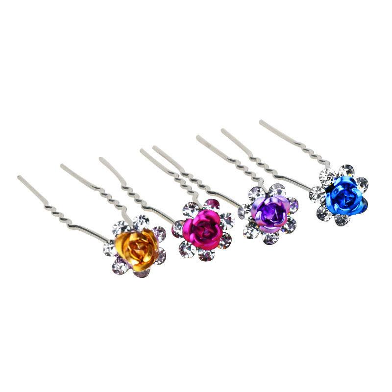 20Pcs/set Women U-shaped Hair Fork Pin Crystal  Rose Flower Hair Clips Rhinestone Hair Stick Wedding Bridal Jewelry Headwear Gift