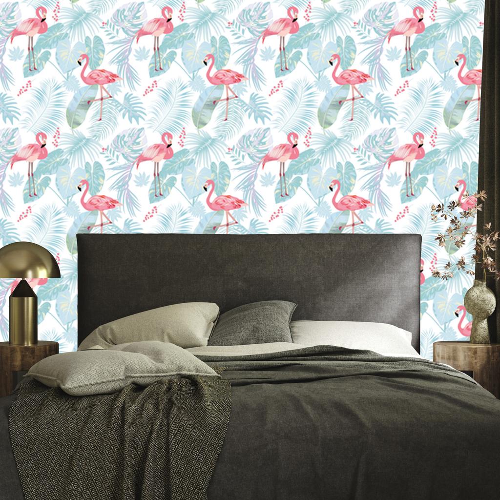 Flamingos and exotic leaves wallpaper in pastel 50x1000