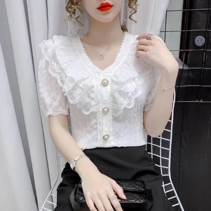 Korean Chic Ruffle Blouse Women Shirt White Chiffon Lace Blouse Sweet V-neck French Vintage Palace Style Short Sleeve Tops