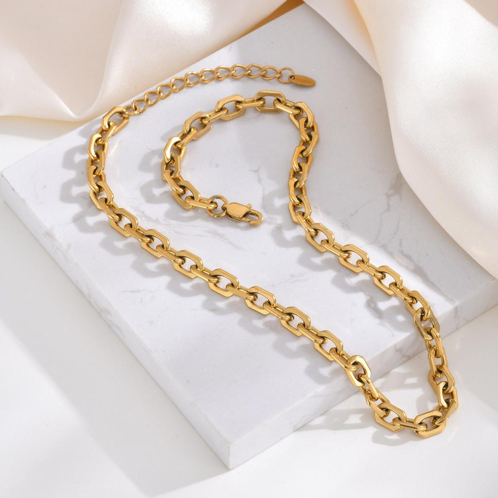 6.5mm Stainless Steel Chain Necklace, Women Paperclip Necklace Gold Plated, Chunky Jewelry 16inch