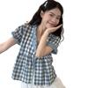 Ladies' Fake Two Checkered Shirts Women's Lace Tied Short Sleeved Blouse Summer New Korean Version Loose Versatile Top