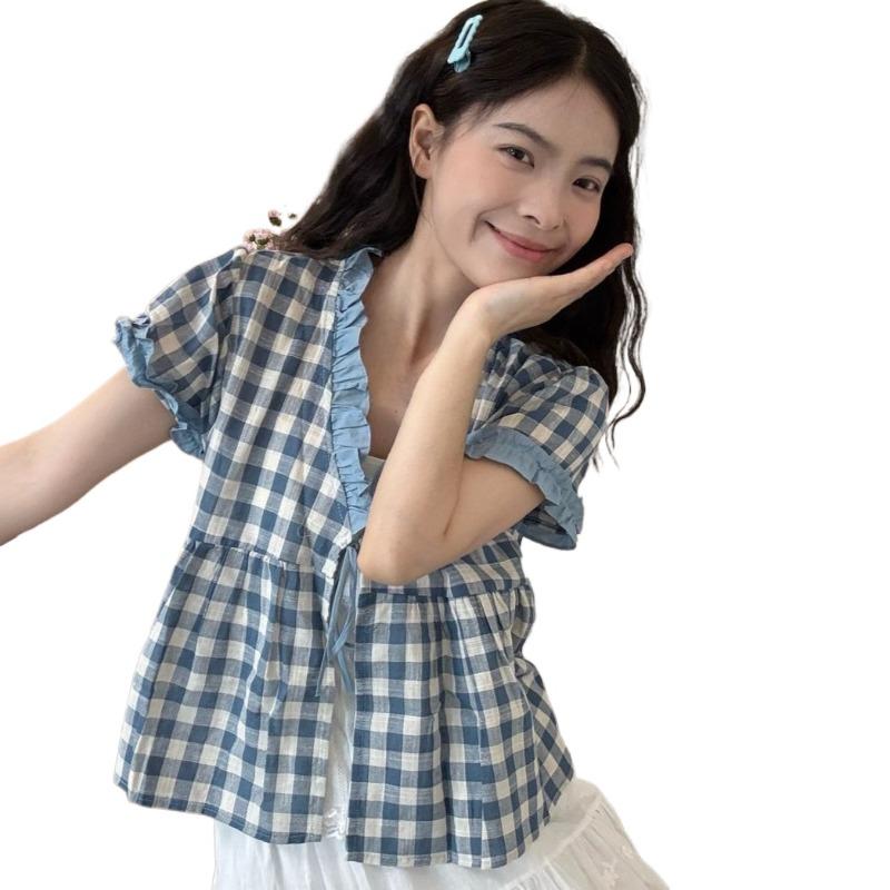 Ladies' Fake Two Checkered Shirts Women's Lace Tied Short Sleeved Blouse Summer New Korean Version Loose Versatile Top