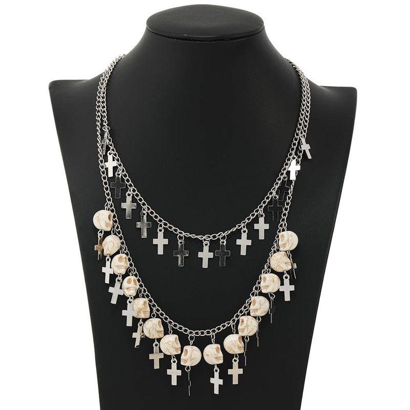 Fashion Style Personalized Hip Hop Punk Exaggerated Double-Layer Skull Cross Necklace for Women Gothic Lolita Ornament