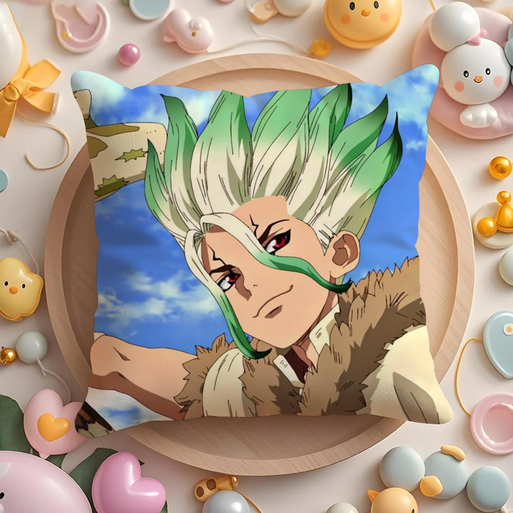 D-Dr.Stone Anime Cushion Cover Plush Fabric Soft Double-Sided Printed Sofa Warm Winter Home Gift Pillow Cover