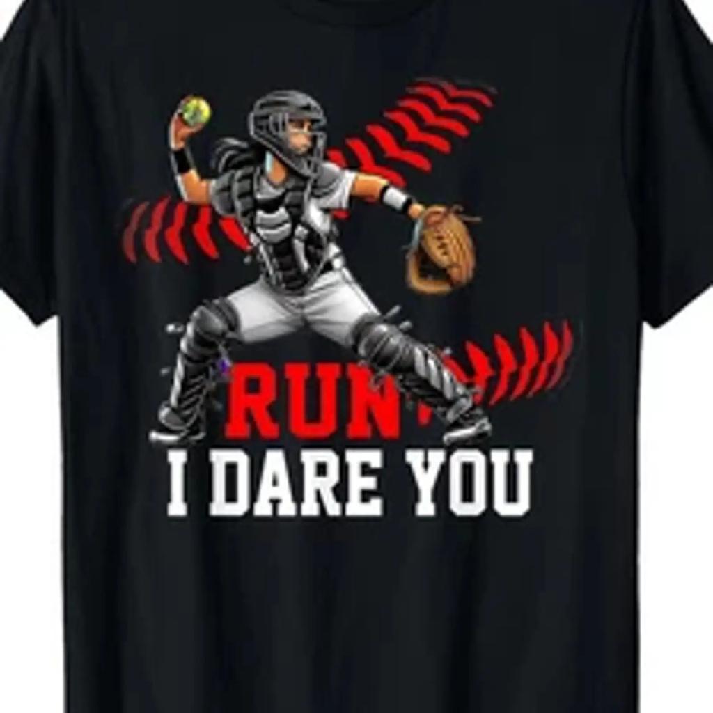 Softball Catcher Run I Dare You Design for GirlsunisexT Shirt vintage Washed Stylish Stretched Versatile homme Slightly