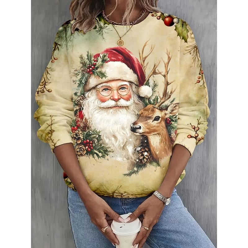 Pull de Noël pour femmes Graphique Père Noël Chaud Classique Décontracté Manches Longues Col Ras du Cou Coupe Régulière Hauts