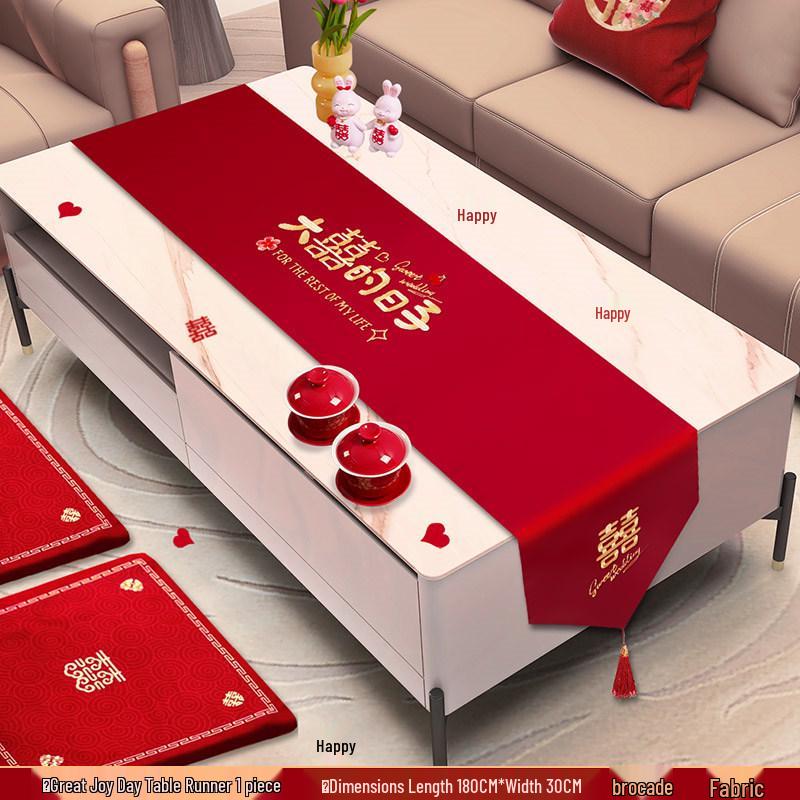 Red Wedding Table Runner & TV Cabinet Cover Set - Bridal Room Decoration & Dining Tablecloth
