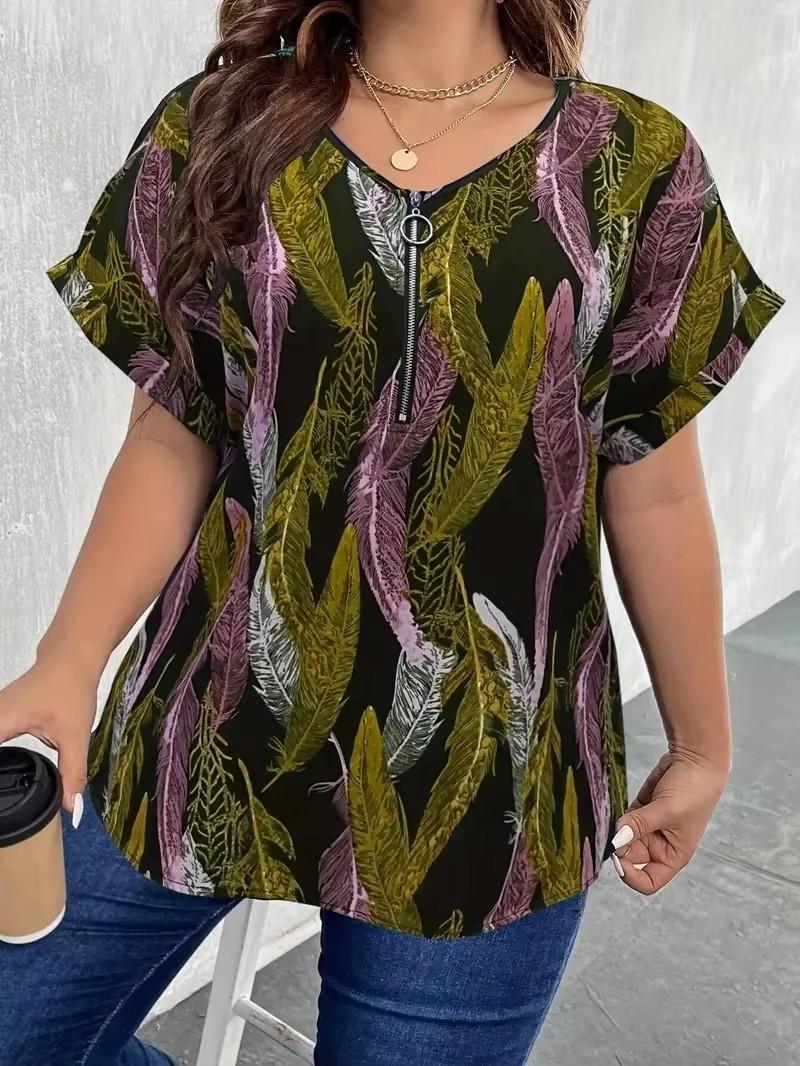 Plus Size Elegant Lapel Neckline Feather Print T-Shirt - Zip Front, Short Sleeve, Slight Stretch Polyester Fabric, Random Printi XL