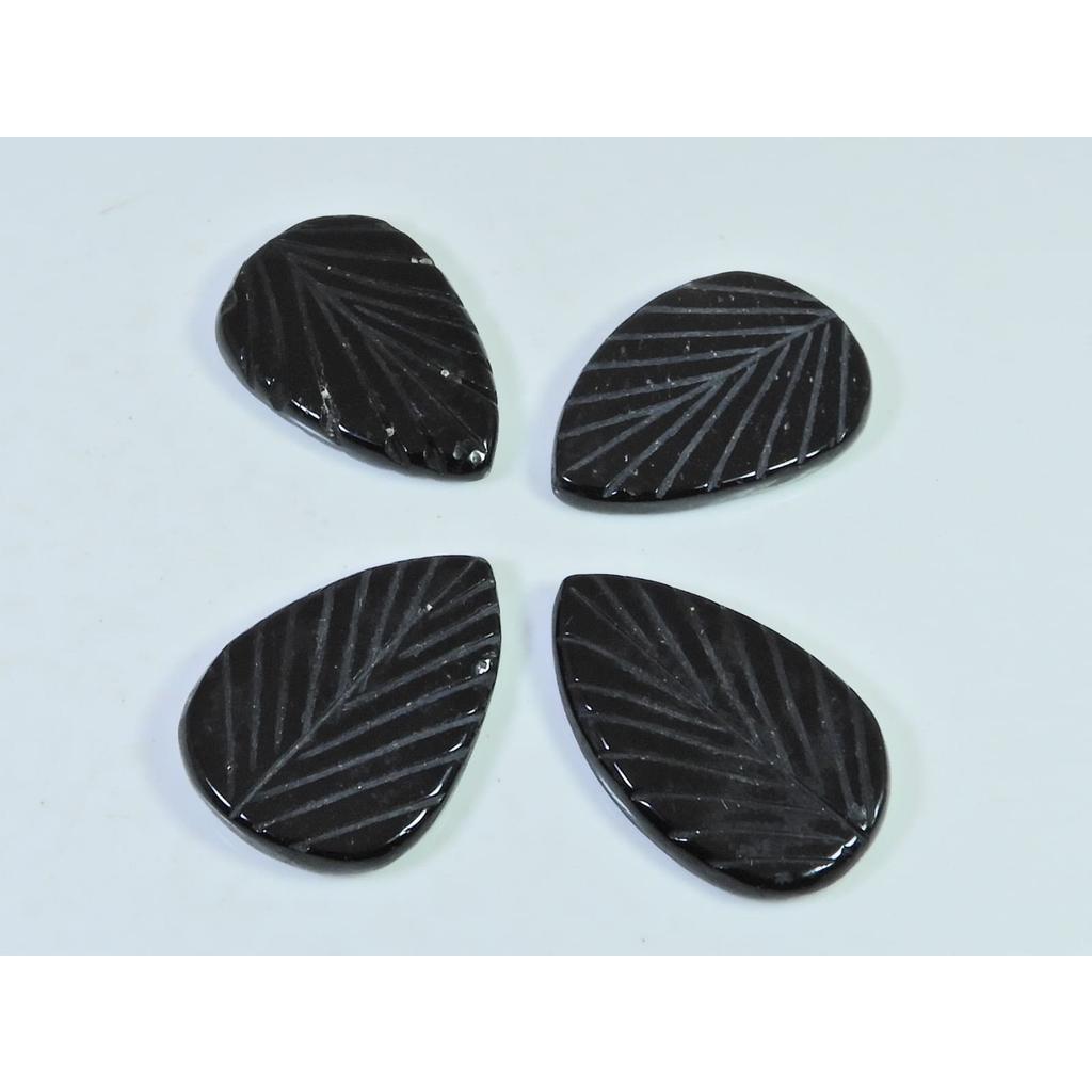 93Cts. Black Onyx Leaf Carving Pear Cabochon Loose Gemstone 04 Pcs Lot C-1859