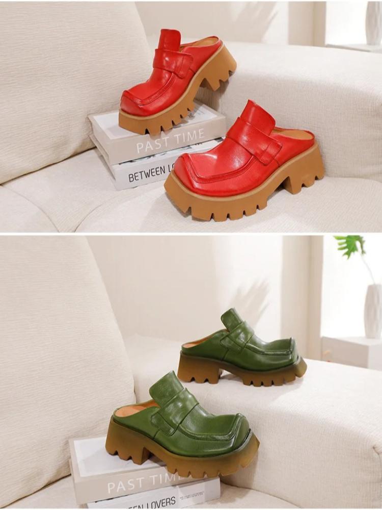 Johnature Retro Genuine Leather Square Toe Thick Soled Outdoor Slippers Thick Heel Women's Slip-on Shoes