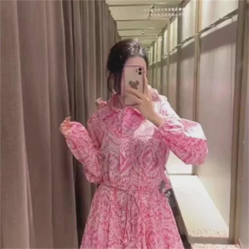 2022 Summer Women's Lace-Up Printed Long-Sleeve Mini Dress - European & American Style