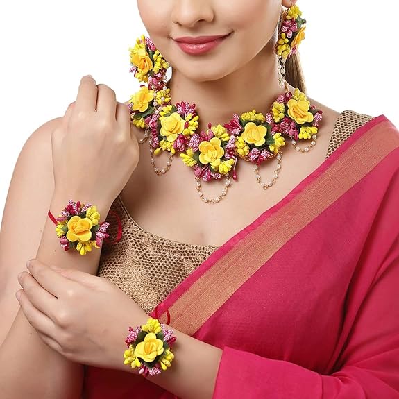 Smycken Blommor Smyckesset För Haldi Gota Patti Halsband, Örhängen, Armband & Maang Tika för Kvinnor & Flickor
