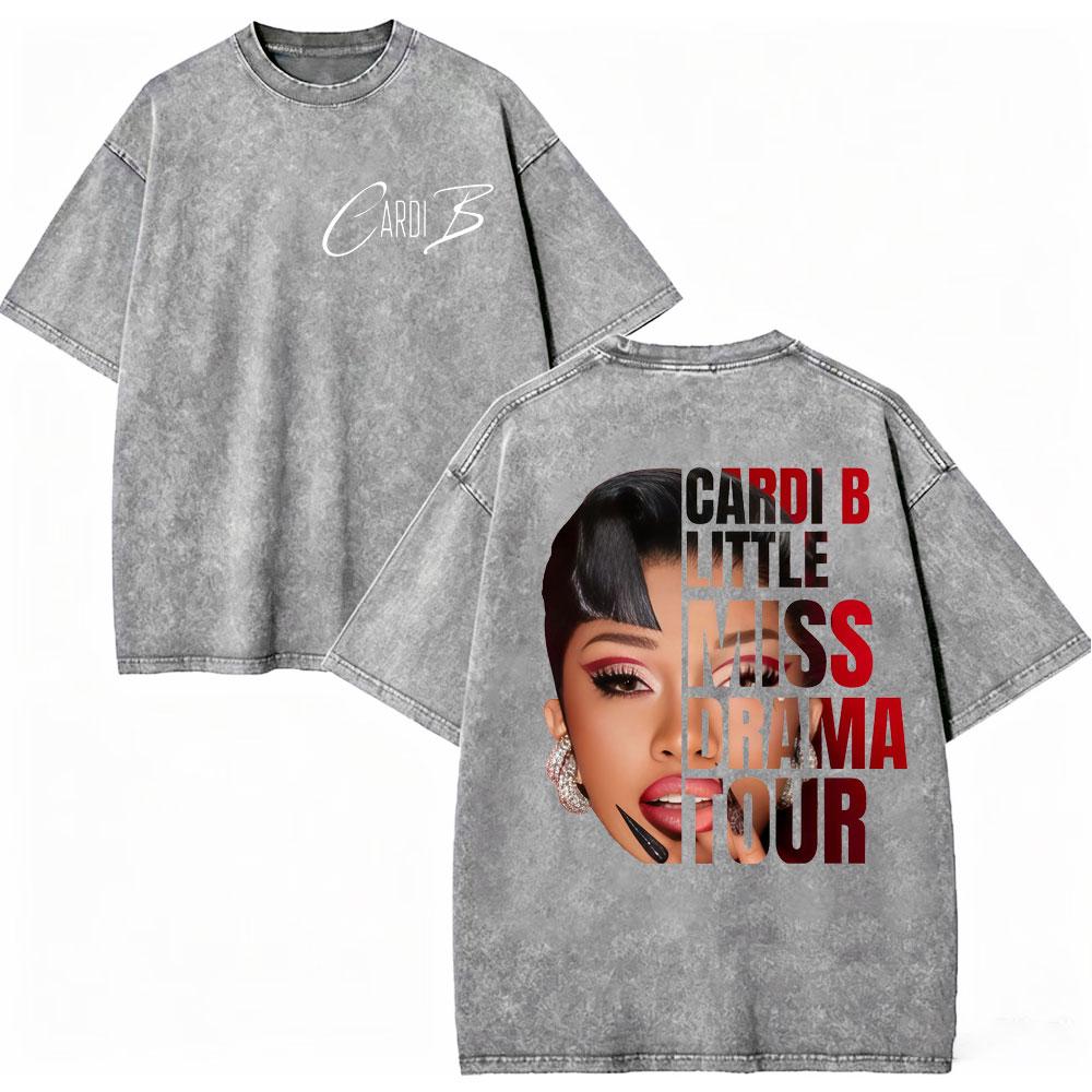 Vintage Washed Rapper Cardi B Graphic T Shirts Little Miss Drama Tour 2026 Tshirts Men Women Clothing Hip Hop Fashion Tshirt