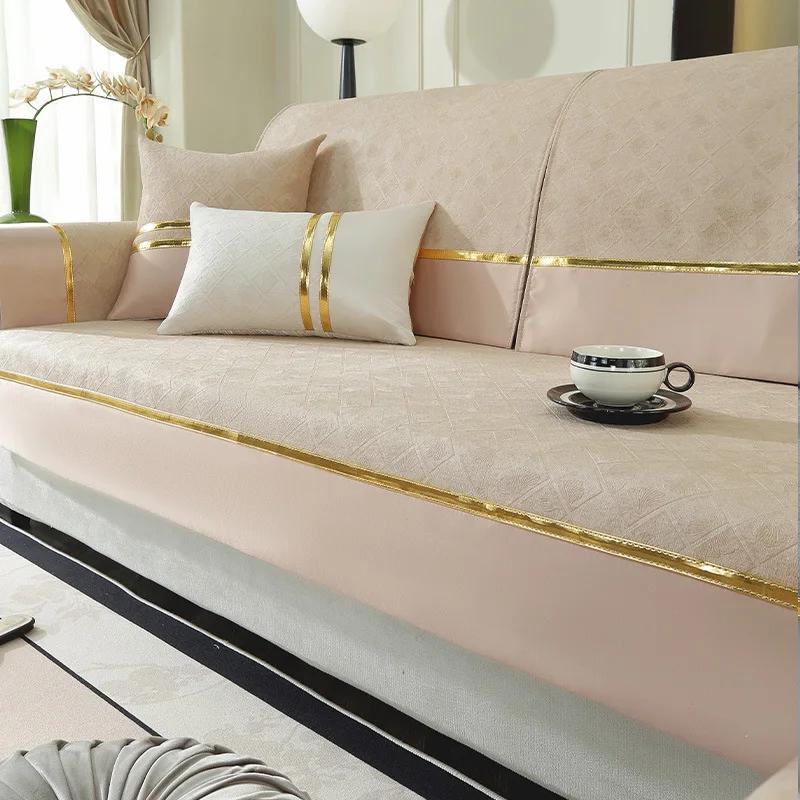 1pc Solid Color Sofa Cover Cotton Linen Four Season Anti-Slip With Gold Lines Decor, Couch Seat Cover Blanket Modern Living Room