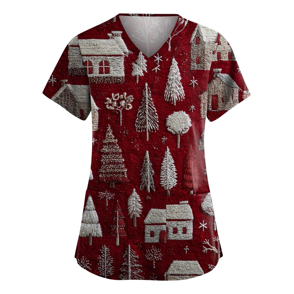 Women's Fashion V-Neck Short-Sleeved Workwear With Pockets Christmas Print Top Caregiver Uniform