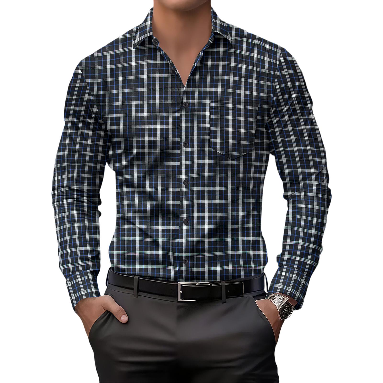 

Мужская полосатая клетчатая повседневная свободная куртка с лацканами на пуговицах и длинными рукавами XL тёмно-синий