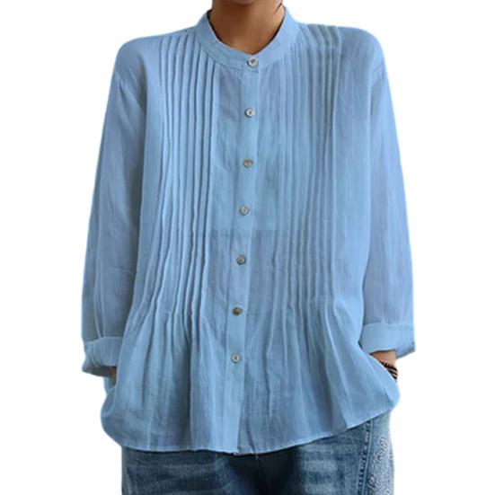 Women Shirt Pure Color Stand Collar Long Sleeve Single-Breasted Button Casual Tops Work Party Date Daily M небесно-голубой