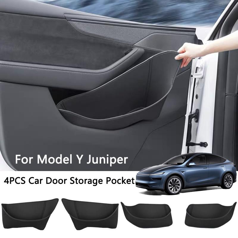 Car Door Side Storage Box For Tesla Model Y Juniper PU Leather Full Cover Front Rear Door Pocket Organizer Tray Car Accessories