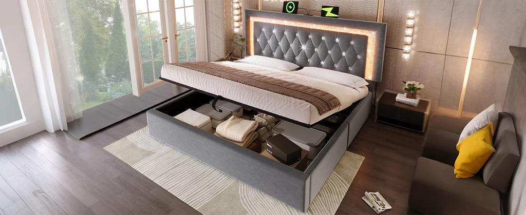 Polsterbett 180x200 cm Samt mit LED-Diamantstreifen, USB- & Typ-C-Ladestation, Stauraum, Lattenrost, grau (ohne Matratze)