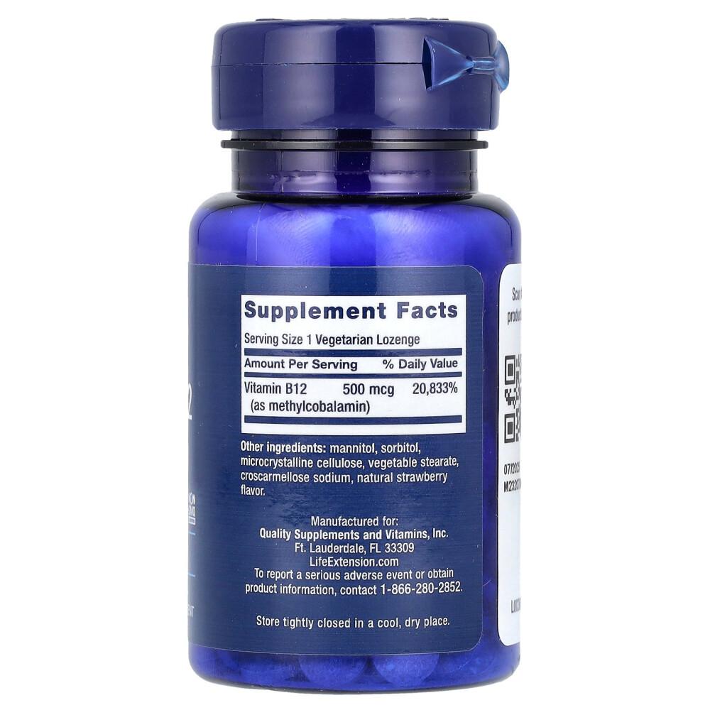 Life Extension Vitamin B12 500mcg Veggie Chewable Lozenges, 100 Tablets