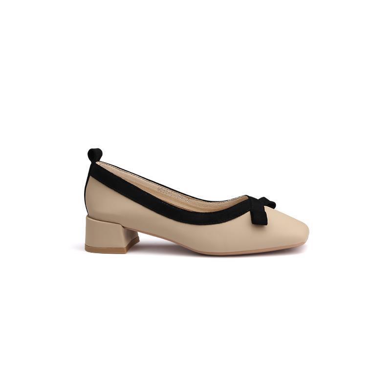 Shoes Leather Square Head Light Mouth Soft Bow Thick Heel Commuter Single Shoes Women's Spring