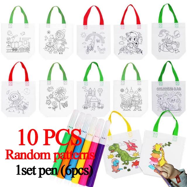 Set da 1-10 pezzi Borsa Graffiti Fai da Te con Pennarelli Pittura a Mano Borsa Non Tessuta per Bambini Arti Mestieri Riempimento Colore Giocattoli da Disegno