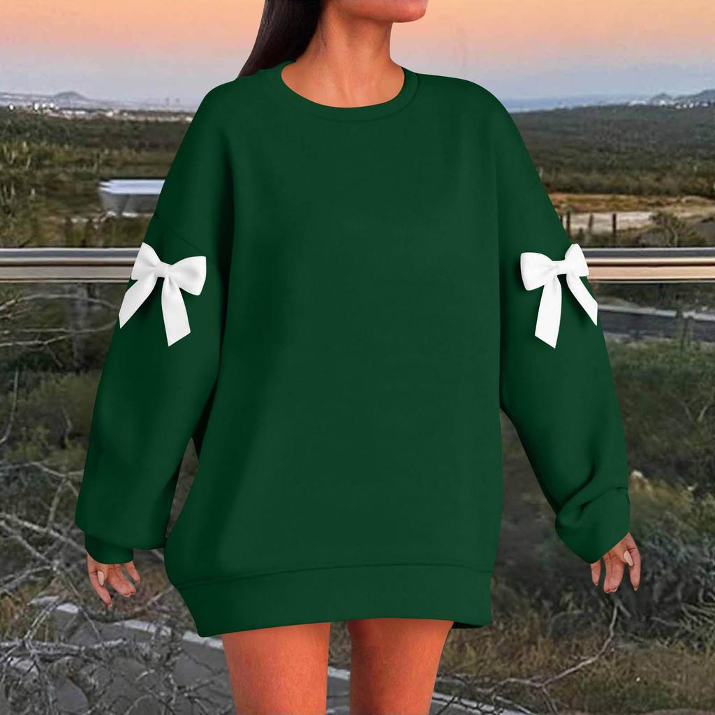 Women's Solid Color Bow Round Neck Long Sleeved Loose Pullover Sweater Sweatshirt